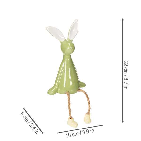 Dekorativer Hase aus Keramik mit hängenden Beinen und Größenangaben.