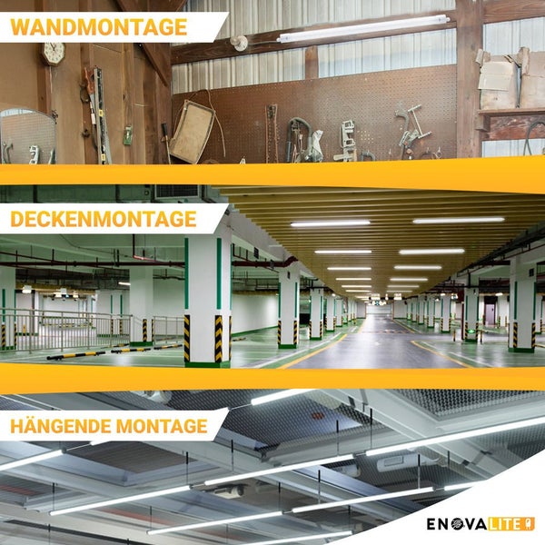 Verschiedene Montagearten von Leuchtstoffröhren: Wandmontage, Deckenmontage und Hängemontage.