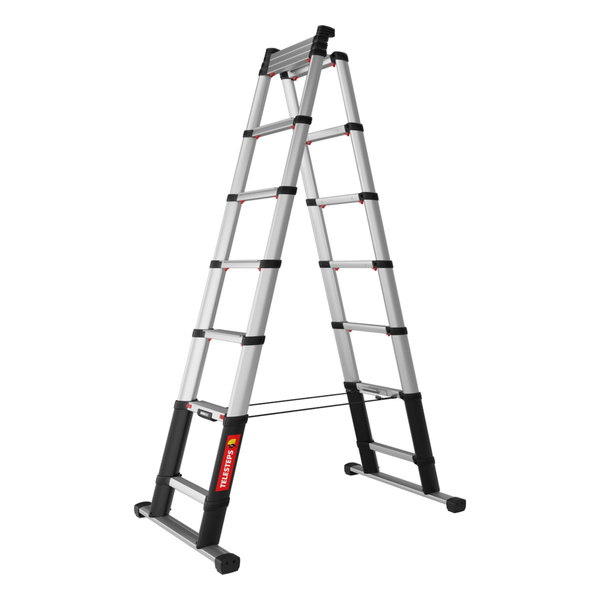 Teleskop-Aluminium-Stufenstehleiter mit verstellbaren Sprossen und breiten Quertraversen von Telesteps.