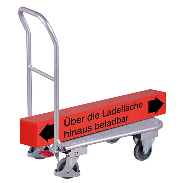 Plattformwagen aus Metall mit Schiebebügel und vier Rollen, beladbar über die Ladefläche hinaus.