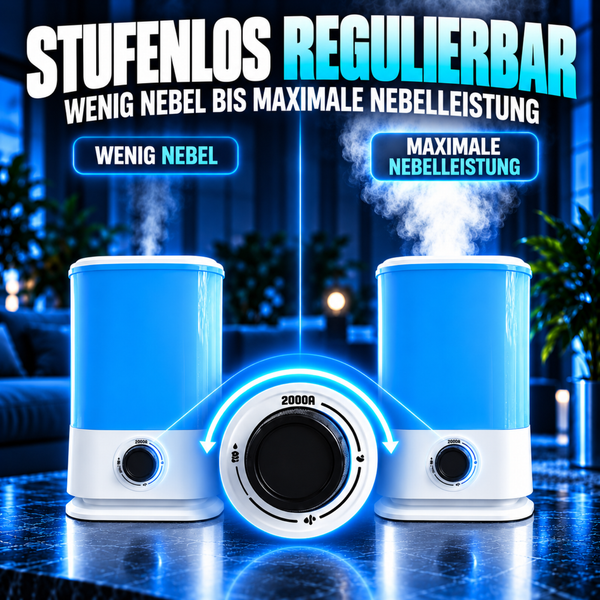 Luftbefeuchter mit stufenlos regulierbarer Nebelleistung von minimaler bis maximaler Stufe mittels Drehregler.