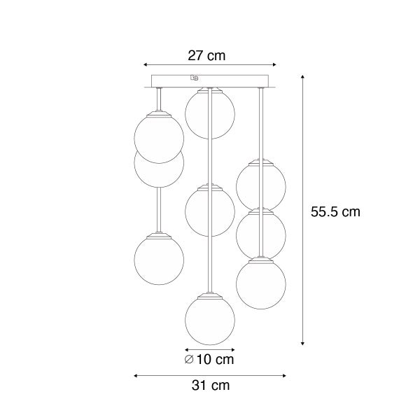 Technische Zeichnung der Hängeleuchte mit Kugeldesign und Maßangaben.