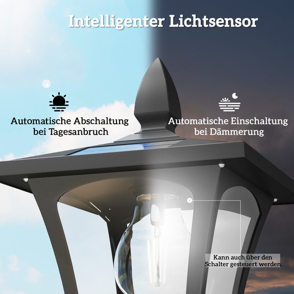 Solar-Gartenlaterne mit intelligentem Lichtsensor für automatisches Ein- und Ausschalten bei Dämmerung und Tagesanbruch.