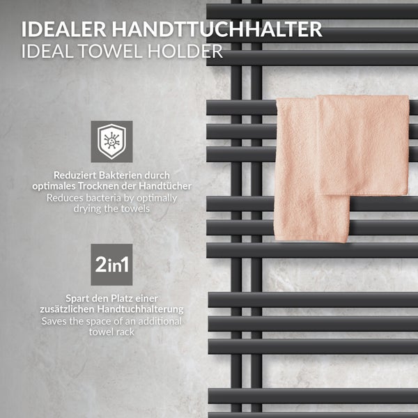 LuxeBath Badheizkörper Iron EM 500x1600 mm Anthrazit Mittelanschluss mit Anschlussgarnitur Thermostat Durchgang Boden, Design Heizkörper Bad Heizung Handtuchwärmer Handtuchtrockner Handtuchheizkörper