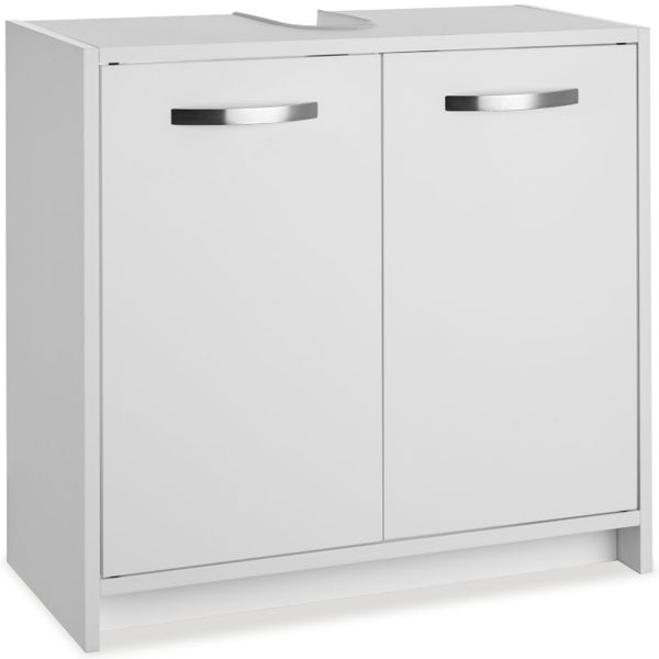 Weißer Waschbeckenunterschrank mit zwei Türen und silberfarbenen Griffen für das Badezimmer.