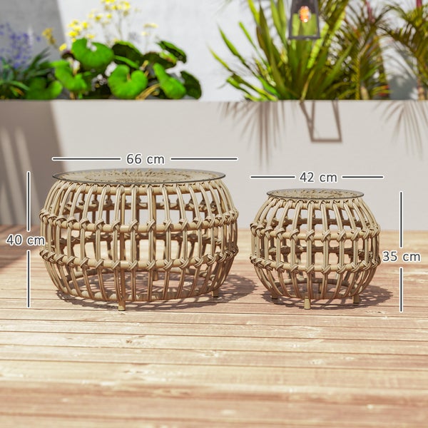 Outsunny 2er Set Beistelltisch Polyrattan Ø66/42 cm rund wetterfest Gartentisch mit Glasplatte Outdoor Balkontisch Couchtisch Gartenmöbel für Garten, Balkon Braun