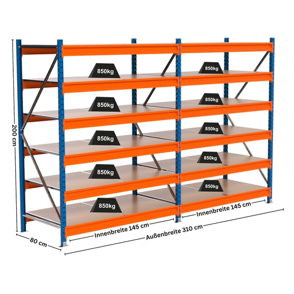 Blaues und oranges Schwerlastregal mit fünf Ebenen und den Maßen 200 x 310 x 80 cm