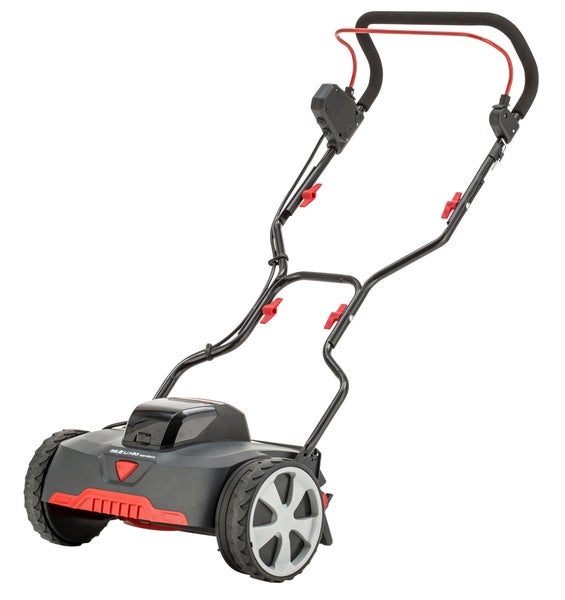 Akku-Spindelmäher AL-KO 38.5 Li HM Comfort in Schwarz und Rot mit ergonomischem Führungsholm und großen Rädern.