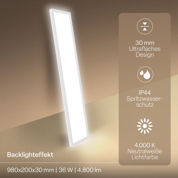 LED-Panel mit Backlight-Effekt, 36 Watt, 4800 Lumen, 4000 Kelvin neutralweiß, Schutzart IP44 gegen Spritzwasser, 30 Millimeter ultraflaches Design.