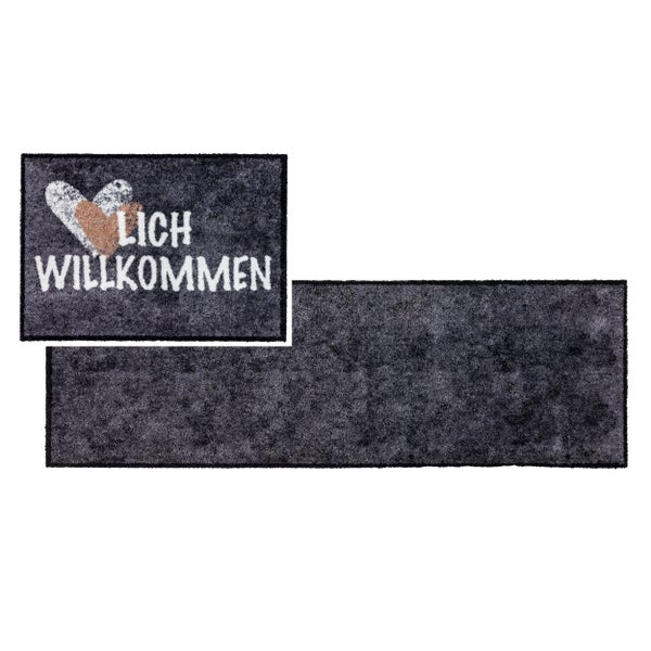 Fußabtreter Set bestehend aus einer Türmatte mit Herzmotiv und Schriftzug Willkommen sowie einem dazu passenden Läufer für den Eingangsbereich