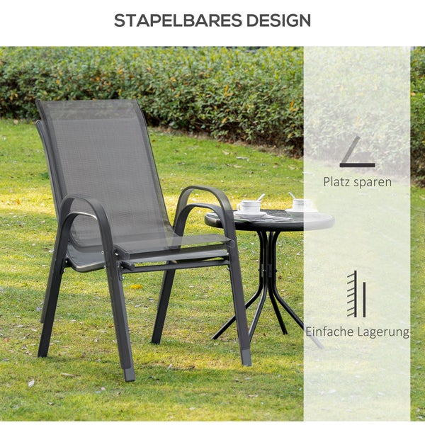Outsunny 2er Set Gartenstuhl Stapelstuhl mit Armlehne Essstühle Garten Metall Mesh-Gewebe Grau 70 x 54 x 90 cm
