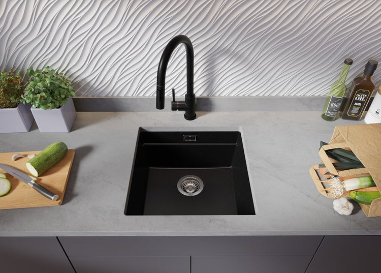 PRIMAGRAN Unterbauspüle Granit Alles Schwarz 46x47cm, Spülbecken 1 Becken + Ablauf-Set + Aufrollbare Abtropffläche, Granitspüle ab 50er Unterschrank - Praga