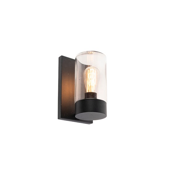 Schwarze Außenwandleuchte mit zylindrischem Klarglas und leuchtendem LED-Leuchtmittel im Vintage-Stil.