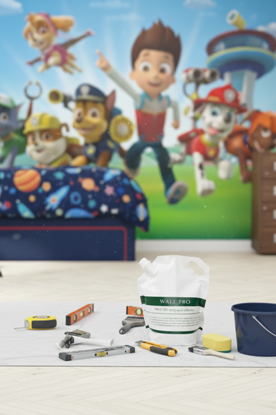 Szene mit Werkzeugen und einer Tapetenkleisterpackung vor einer Wand mit Paw Patrol-Motiv