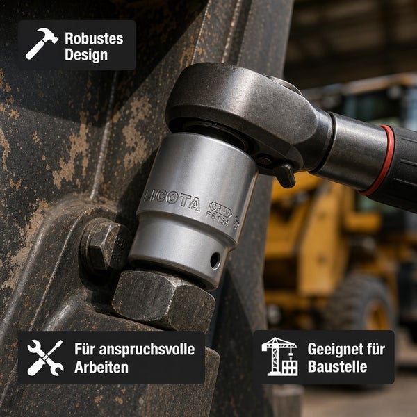 Licota Steckschlüsseleinsatz aus Chrom Vanadium Stahl an einer Baumaschine mit Hinweisen auf robustes Design und Baustelleneignung.