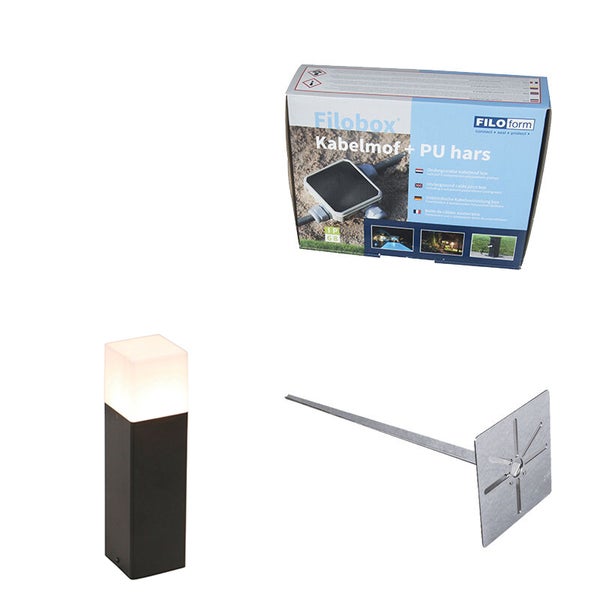 Set aus Filobox Kabelmuffe mit Polyurethan-Harz, rechteckiger Außenstandleuchte und Erdspieß aus Metall