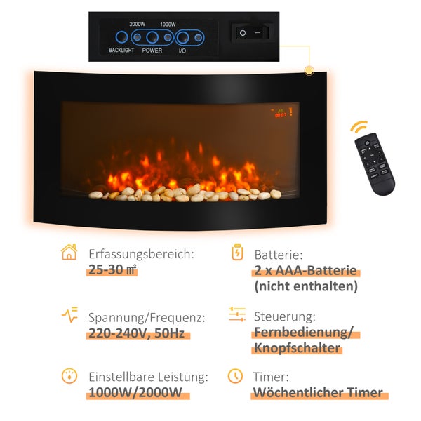 HOMCOM Elektrokamin, 89,2 x 13,5 x 48cm, Metall, Sicherheitsglas, Schwarz