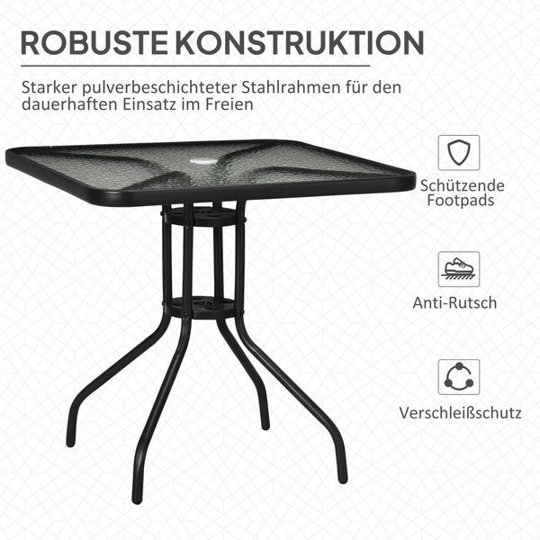 Outsunny Gartentisch Abnehmbar Metall 76x76 cm Wetterfest quadrarisch Balkontisch mit Schirmloch, rutschfest Buffettisch Campingtisch Terrassentisch für Outdoor Garten, Terrasse Balkon Schwarz