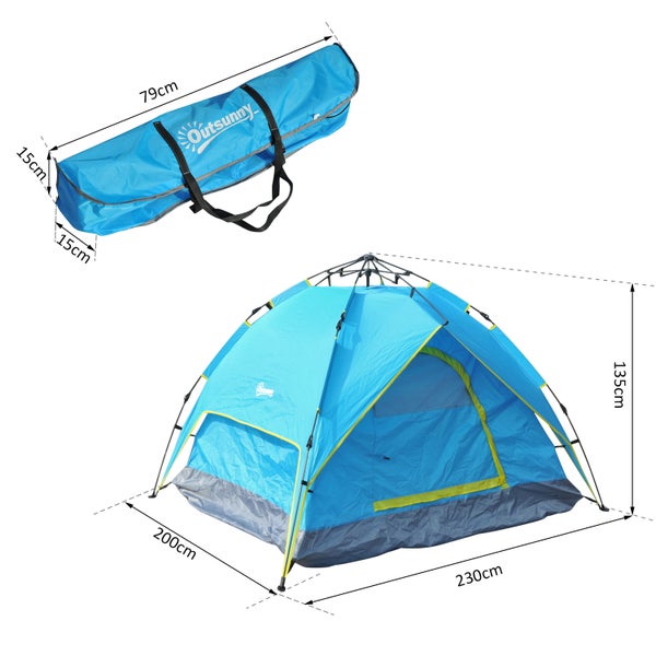 Outsunny Campingzelt, Sekundenzelt, Automatisch, für 3-4 Personen, L230 x B200 x H135cm, Fiberglas,Polyester,PE, Blau+Gelb