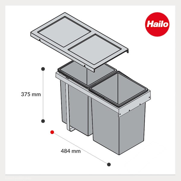 Hailo Logo. Ausziehbarer Mülleimer mit zwei Behältern und Deckel. Maße betragen 375 Millimeter in der Höhe und 484 Millimeter in der Tiefe.