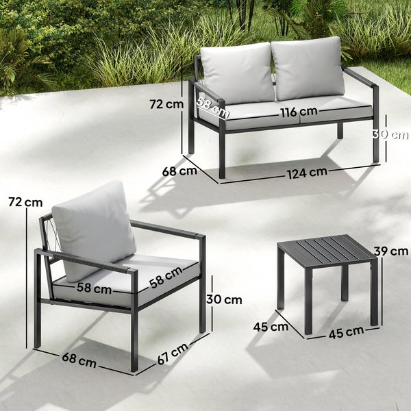 Modernes Garten-Lounge-Set aus Metall mit grauen Polstern, bestehend aus Sofa, Sessel und Tisch mit Maßangaben in Zentimeter.