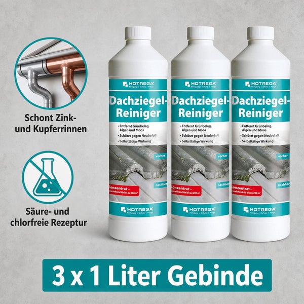Drei Flaschen Hotrega Dachziegelreiniger Konzentrat zur Entfernung von Grünbelag, Algen und Moos auf Dachflächen, schonend zu Zink und Kupfer.