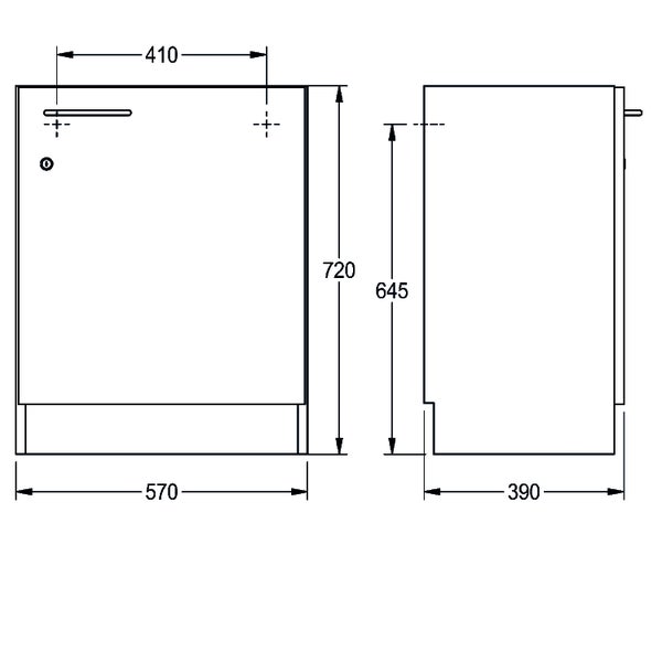 Technische Zeichnung eines Schranks mit Maßen: Breite 570 Millimeter, Höhe 720 Millimeter und Tiefe 390 Millimeter.