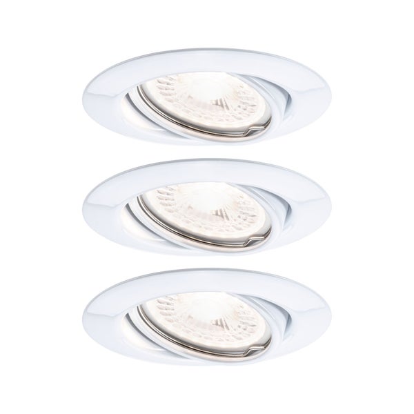 Set aus drei runden LED Einbaustrahlern in schwenkbarer Ausführung für die Deckenmontage.