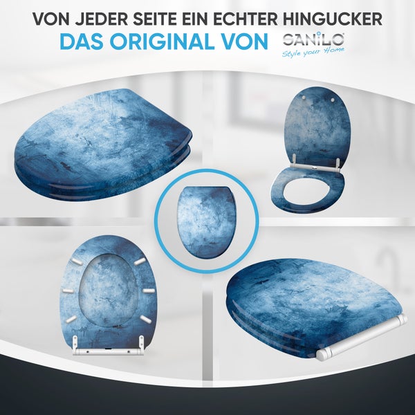 Sanilo WC-Sitz in Marmor-Optik: Montage von oben, per Knopfdruck abnehmbar, robust und langlebig, gestaltet in Deutschland.