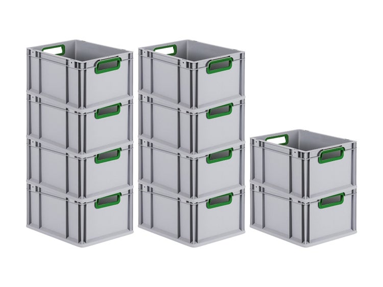 PROREGAL Spar Set 10x Eurobox Nextgen Color HxBxT 22 x 30 x 40 cm 20 Liter Griffe Grün Offen Glatter Boden Eurobehälter Transportbox