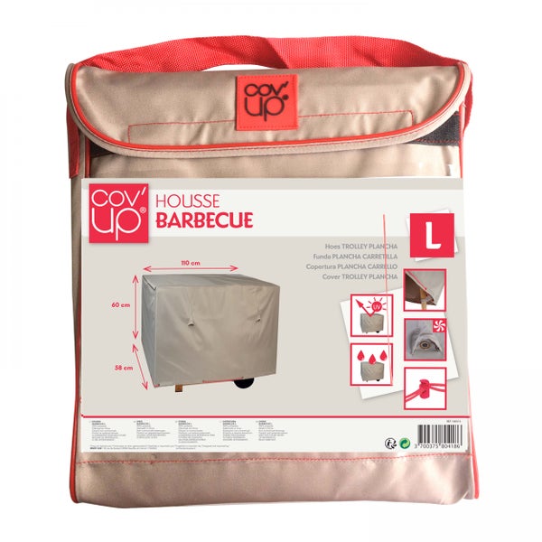 Barbecue Abdeckhaube Größe L aus Polyester, einhundertzehn mal sechzig mal achtundfünfzig Zentimeter.