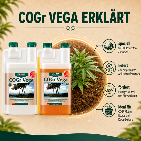 Infografik zum CANNA COGr Vega Pflanzendünger für die Wachstumsphase mit Informationen zur Anwendung auf Kokossubstraten und Nährstoffzusammensetzung