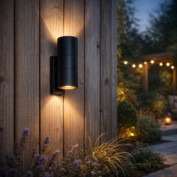 Zylindrische Außenwandleuchte an einer Holzwand mit Up-and-Down-Beleuchtung in einem Garten mit Pflanzen und Lichterkette.