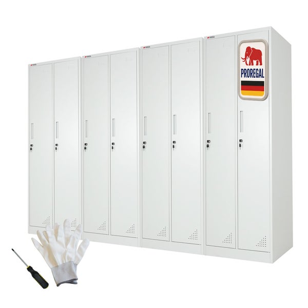 ProRegal Metallspind mit acht abschließbaren Türen, Lüftungsschlitzen, Handschuhen und Schraubendreher. Hergestellt in Deutschland. ProRegal Logo.