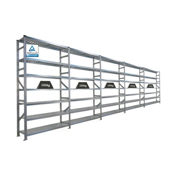 Metallregalsystem mit einer Traglast von 130 Kilogramm pro Regalboden und TÜV Rheinland Zertifizierung