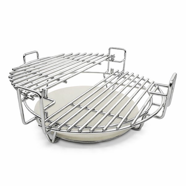 Mehrstufiges Edelstahl-Grillsystem mit zwei halbrunden Rosten und Keramik-Deflektorstein.