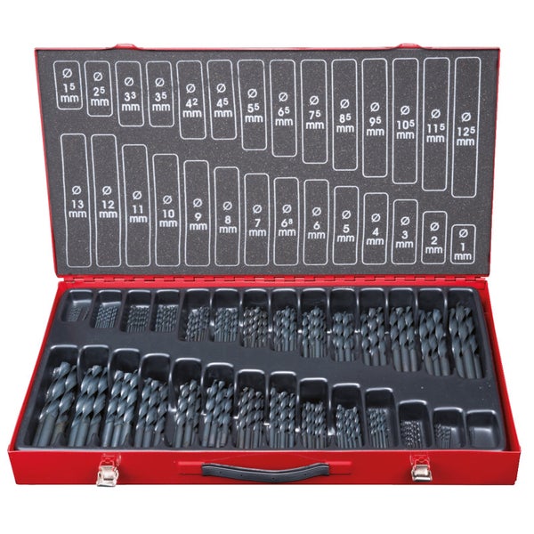 Bohrer-Set in rotem Metallkoffer mit Größenangaben