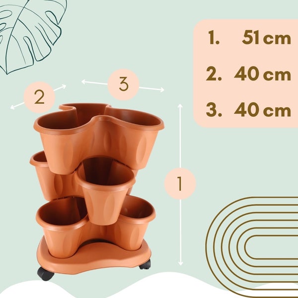 Mehrstöckiger Pflanzkasten mit Rollen und Maßangaben.