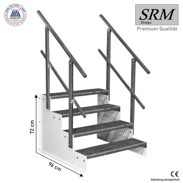 Stahltreppe für außen, vier Gitterroststufen, Geländer, Höhe 72 Zentimeter, Tiefe 96 Zentimeter, SRM Design Logo, Metallzert zertifiziert, CE Zeichen.