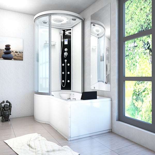 Moderne Komplettduschkabine mit integrierter Whirlpool-Badewanne, Massagedüsen, Handbrause und Kopfbrause in einem hellen, organisierten Badezimmer.