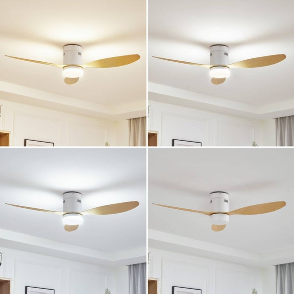 Moderner Deckenventilator mit zwei Holzflügeln und integriertem LED-Licht, zeigt verschiedene Farbtemperaturen von warm- bis kaltweiß.