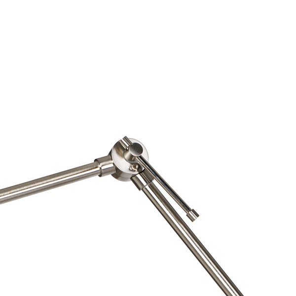 Detail einer silberfarbenen Schreibtischlampe mit Gelenkarm