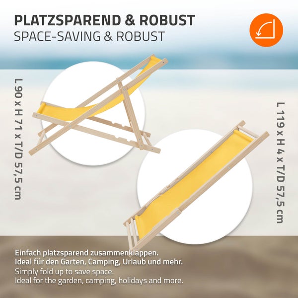 Klappbarer Liegestuhl aus Holz mit gelber Bespannung, platzsparend zusammenfaltbar. Maße offen circa 90 mal 71 mal 57,5 Zentimeter.