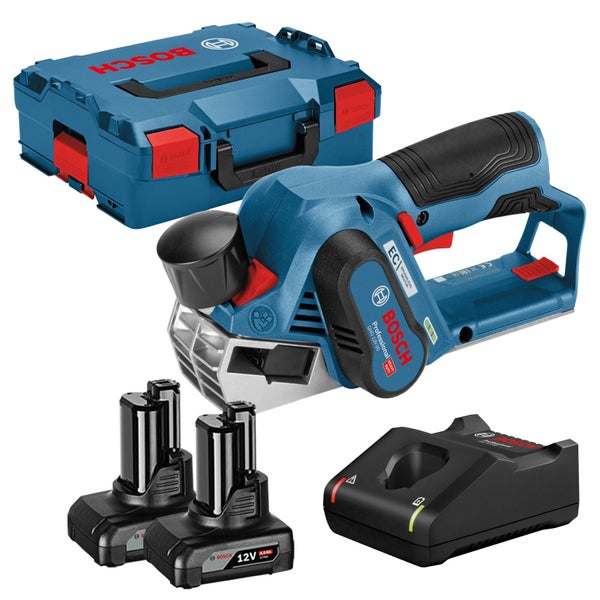 Bosch Professional Akku-Hobel GHO 12 Volt-20 Set mit zwei 12 Volt Akkus, Ladegerät und L-BOXX.