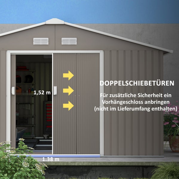 Outsunny Gerätehaus 12,4 m², Gartenhaus mit Pultdach, Schiebetür, Fundament, 386 x 340 x 200 cm, Geräteschuppen aus Verzinkter Stahl, wetterfest, für Garten, Hellgrau