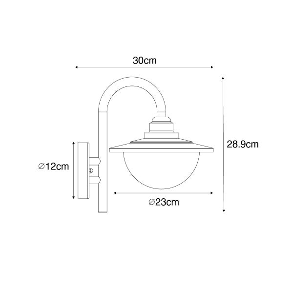 Maße der Außenwandleuchte: Breite 30 Zentimeter, Höhe 28,9 Zentimeter, Wandhalterung Durchmesser 12 Zentimeter, Schirm Durchmesser 23 Zentimeter.
