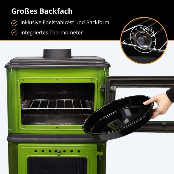 Grüner Holzofen mit großem Backfach, Edelstahlrost, Backform und integriertem Thermometer von 50 bis 250 Grad.