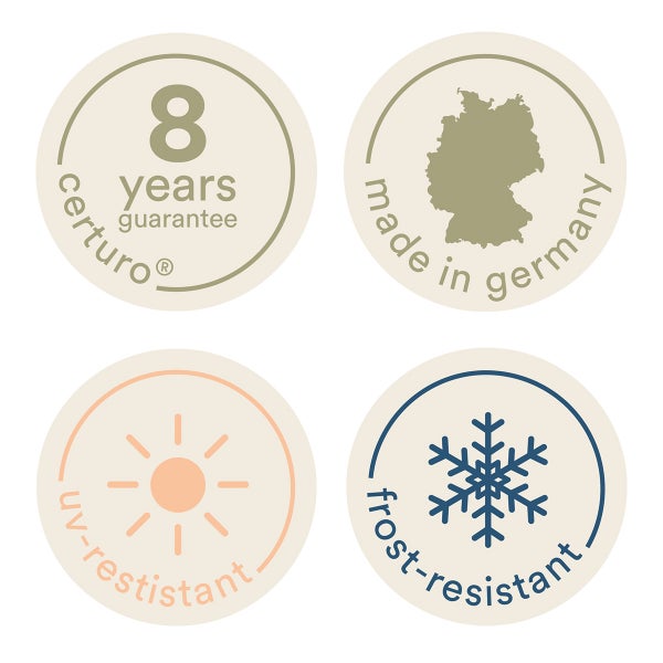 Produktmerkmale: acht Jahre Garantie, Herstellung in Deutschland, UV-beständig und frostbeständig.