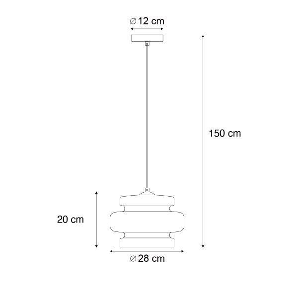Abmessungen einer Pendelleuchte: Gesamthöhe 150 cm, Lampenschirmhöhe 20 cm, Lampenschirmdurchmesser 28 cm, Baldachindurchmesser 12 cm