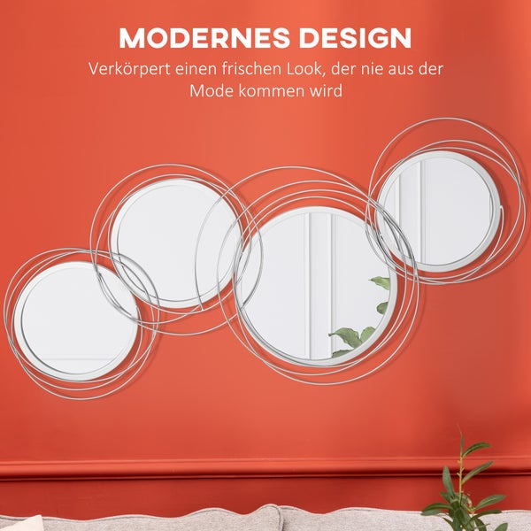 HOMCOM 4er Set Spiegel für Wanddekoration, Wanddekoration mit 4 runden Spiegeln, Wohnzimmerdeko, Wandspiegel, Flurspiegel, Wandkunstwerk für Wohnzimmer, Schlafzimmer, Metall, Silber